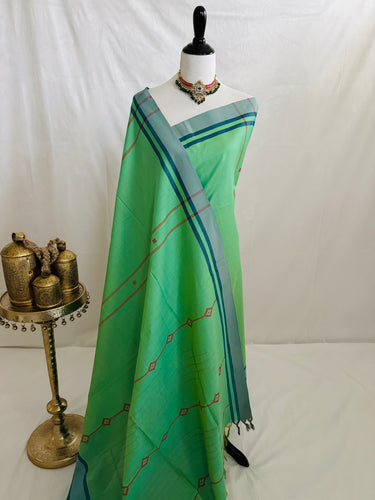 ShopNaya Exclusive | Handwoven | Pure Cotton Saree | Jamdani Weave | No Blouse | Light Lime Green | No Zari | Ships from California
